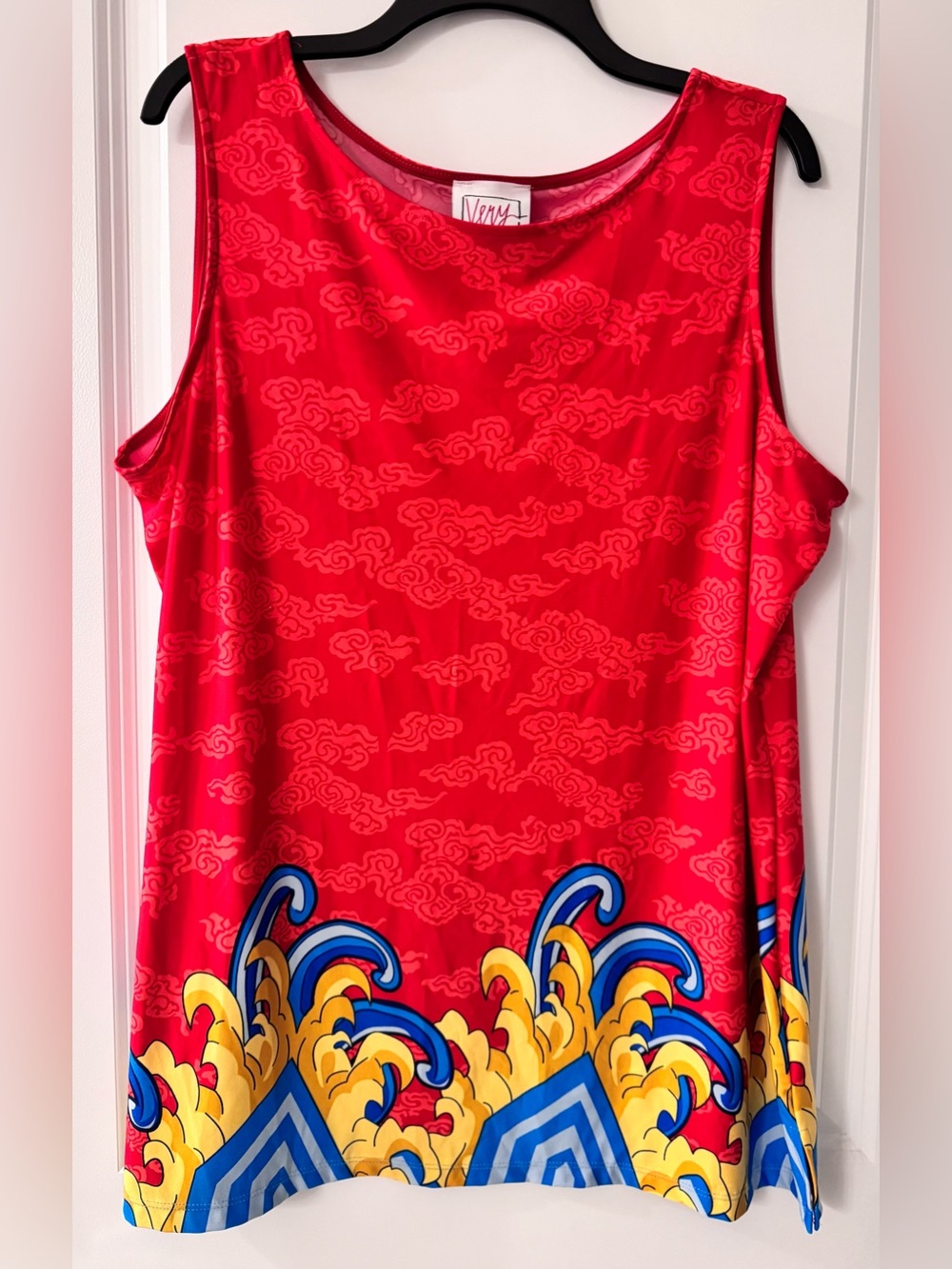 #z256 - Very Vollbrach Wearable Art Red, Blue & Gold Geometric Swirl Tunic Tank - Picture 1 of 5